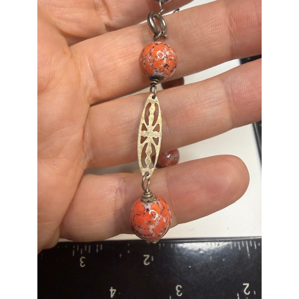 Vintage Orange Mottled Art Glass Bead Filigree Station Bracelet 7 Inch